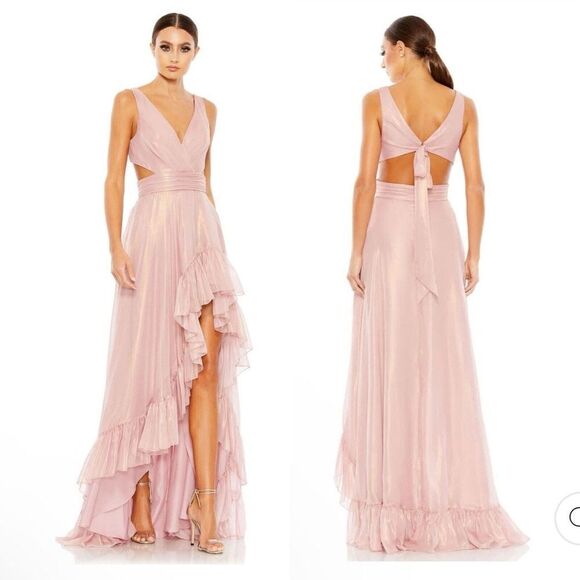 MAC DUGGALL Cut Out High Low Ruffle Gown In Rose Gold Pink Metallic Size 10 $398 - Picture 1 of 12